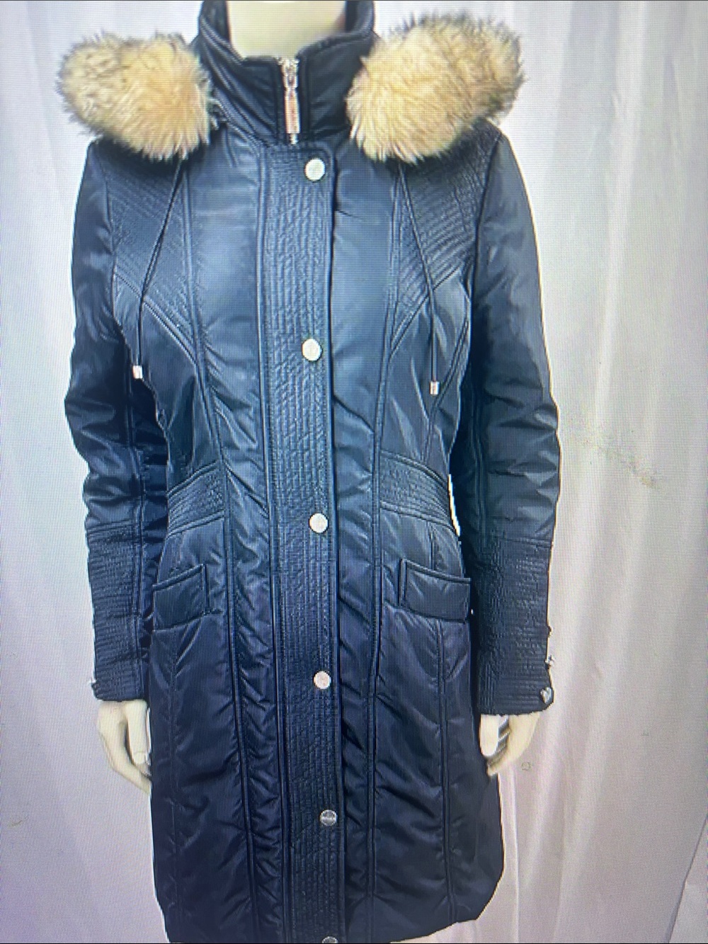 Women's Black Quilted Parka Coat with Faux Fur Trim